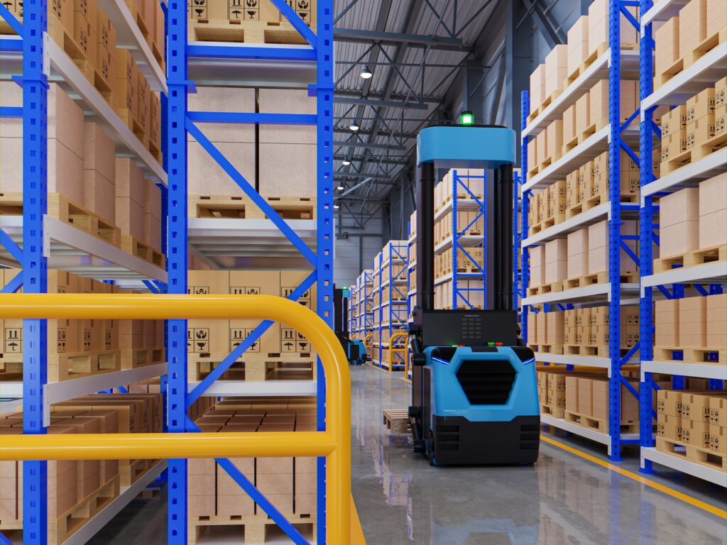 Robot forklift efficiently sorting hundreds of parcels per hour in factory.